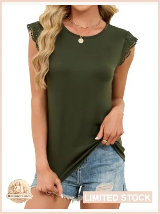 Sleeveless Lace Trim Flutter Ruffle Cap Sleeve Blouse Elegant Chic Summer Casual - Picture 4 of 7